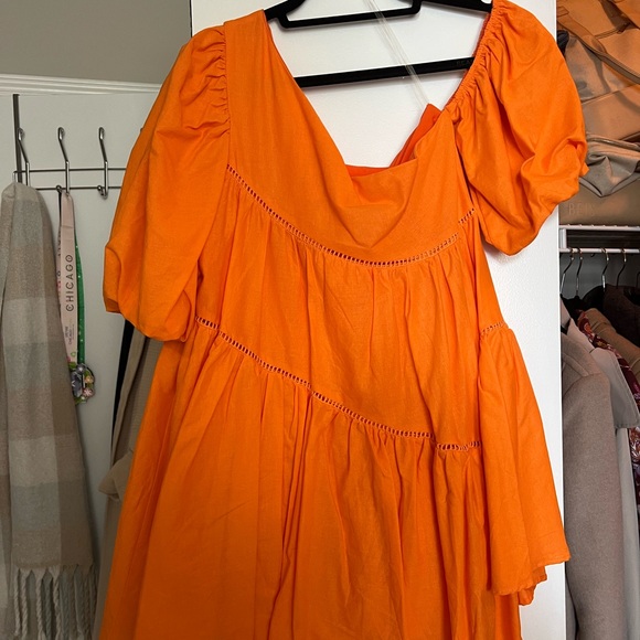 SHOWPO HARLEEN MINI DRESS - ASYMMETRICAL TRIM PUFF SLEEVE DRESS IN ORANGE - Picture 3 of 3